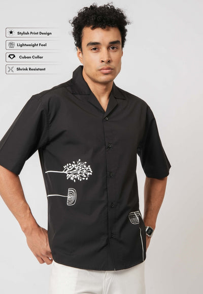 Black Cuban Collar Shirt with Minimal White Print