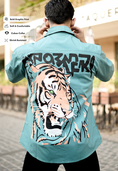 Soft CiyanCuban Collar Shirt with Tiger Back Print