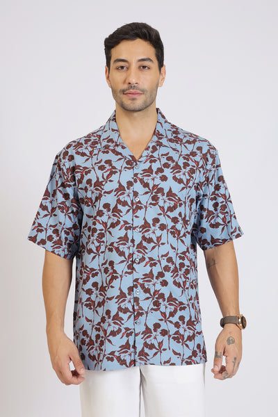 LIGHT BLUEFLOWER PRINTED RAYON SHIRT