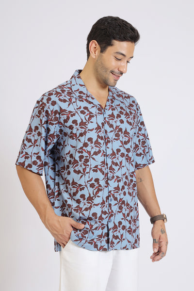 LIGHT BLUEFLOWER PRINTED RAYON SHIRT