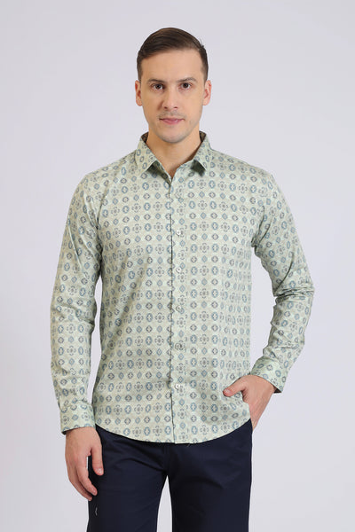 Men’s Light Green Printed Casual Shirt – Full Sleeve Cotton Shirt for Daily & Office Wear