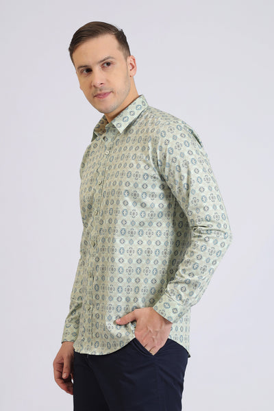 Men’s Light Green Printed Casual Shirt – Full Sleeve Cotton Shirt for Daily & Office Wear