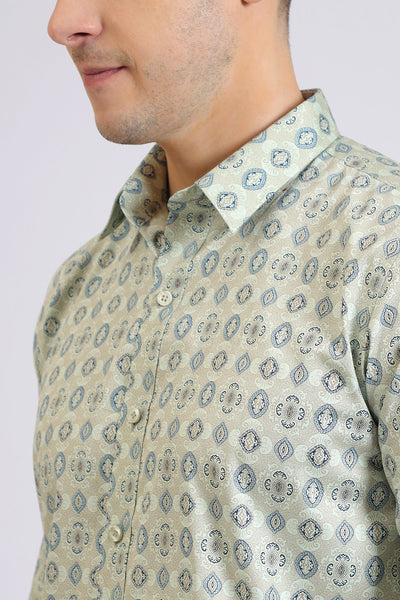 Men’s Light Green Printed Casual Shirt – Full Sleeve Cotton Shirt for Daily & Office Wear