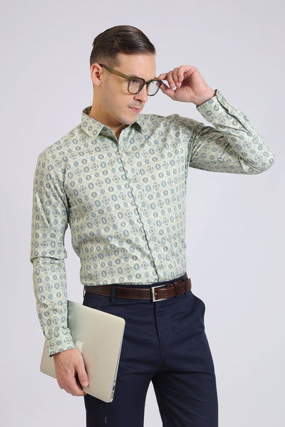 Men’s Light Green Printed Casual Shirt – Full Sleeve Cotton Shirt for Daily & Office Wear