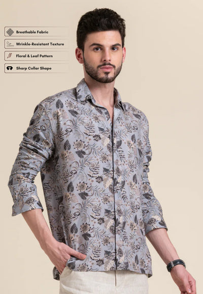 Coastal Dusk Grey Floral Printed Shirt with Long Sleeves