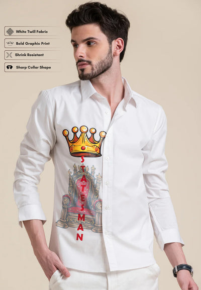 White Designer Shirt with Royal Crown & Throne Print – "Statesman" Edition