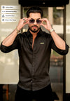 Midnight Black Casual Button-Down Shirt with Subtle Embroidered Logo