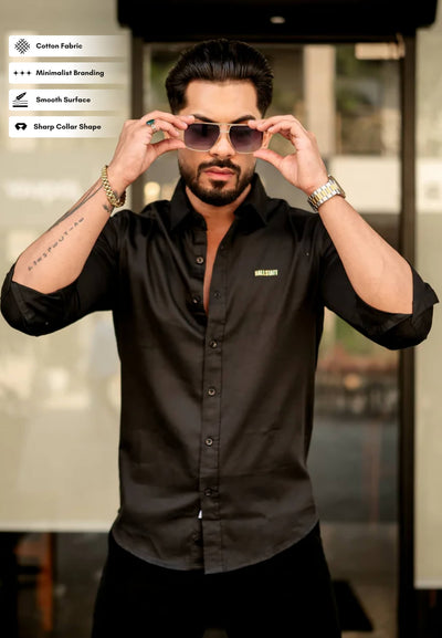 Midnight Black Casual Button-Down Shirt with Subtle Embroidered Logo