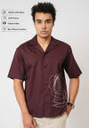 Maroon Cuban Collar Shirt with Abstract Line Art