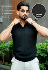 Black Textured Knit Polo T-Shirt