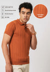 Rust Orange Ribbed Knit Polo Shirt