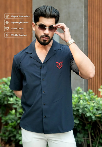 Navy Cuban Collar Shirt with Red Wolf Embroidery – Effortless Edge