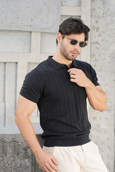 Black Textured Knit Polo T-Shirt
