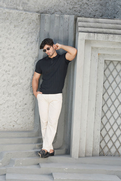 Black Textured Knit Polo T-Shirt
