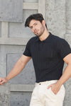 Black Textured Knit Polo T-Shirt