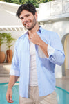 Men’s Blue & White Vertical Striped Shirt with Contrast Pocket