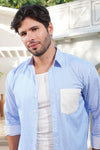 Men’s Blue & White Vertical Striped Shirt with Contrast Pocket