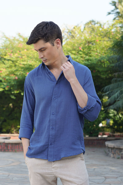 Blue Lightweight Gauze Button-Up