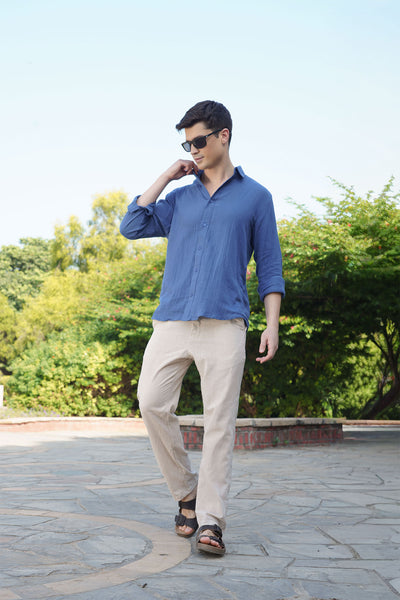 Blue Lightweight Gauze Button-Up