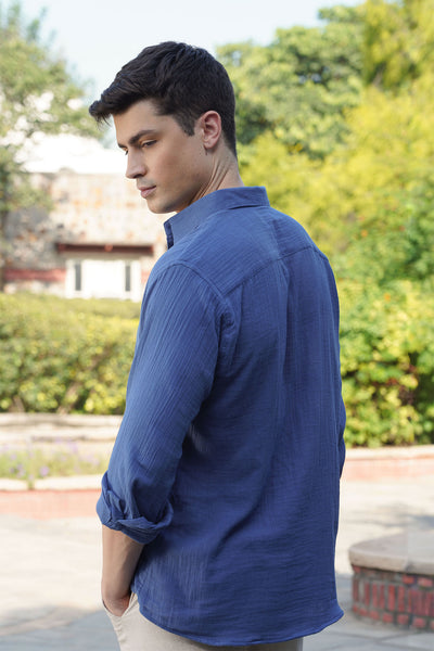 Blue Lightweight Gauze Button-Up