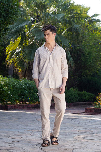 Beige Striped Cotton Linen Shirt – Effortless Coastal Charm