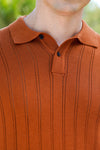 Rust Orange Ribbed Knit Polo Shirt