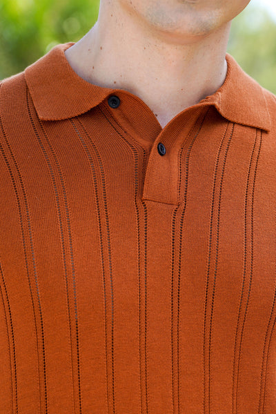 Rust Orange Ribbed Knit Polo Shirt