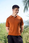 Rust Orange Ribbed Knit Polo Shirt