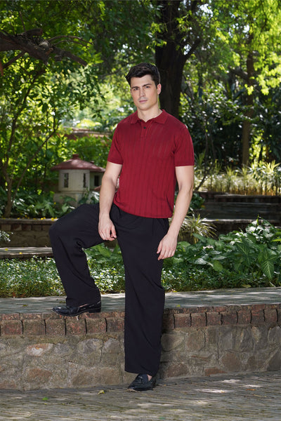 Brick Red Ribbed Knit Polo Shirt