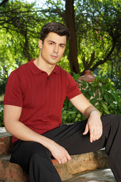 Brick Red Ribbed Knit Polo Shirt