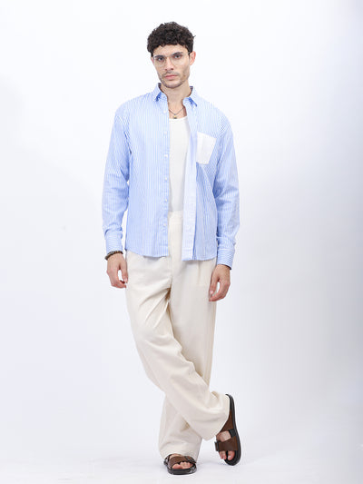 Men’s Blue & White Vertical Striped Shirt with Contrast Pocket