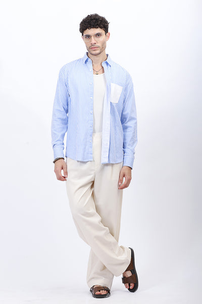 Men’s Blue & White Vertical Striped Shirt with Contrast Pocket