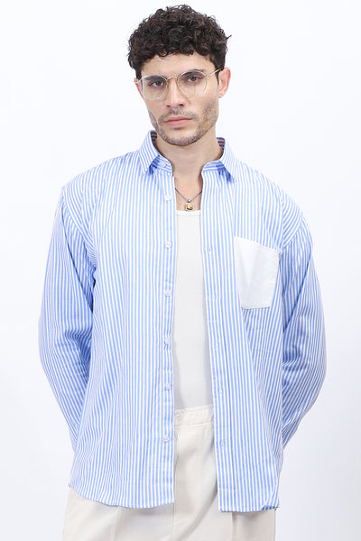 Men’s Blue & White Vertical Striped Shirt with Contrast Pocket