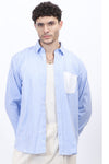 Men’s Blue & White Vertical Striped Shirt with Contrast Pocket