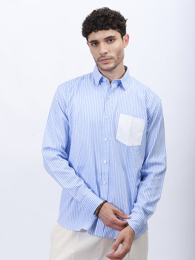 Men’s Blue & White Vertical Striped Shirt with Contrast Pocket