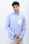 Men’s Blue & White Vertical Striped Shirt with Contrast Pocket