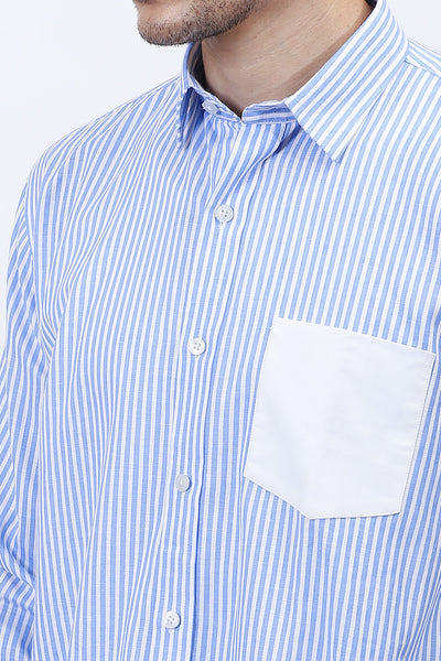Men’s Blue & White Vertical Striped Shirt with Contrast Pocket