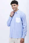 Men’s Blue & White Vertical Striped Shirt with Contrast Pocket