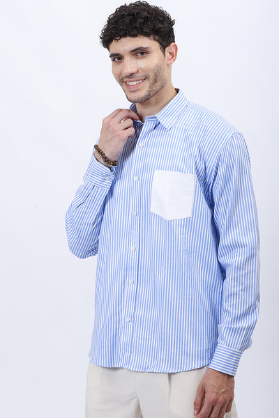 Men’s Blue & White Vertical Striped Shirt with Contrast Pocket