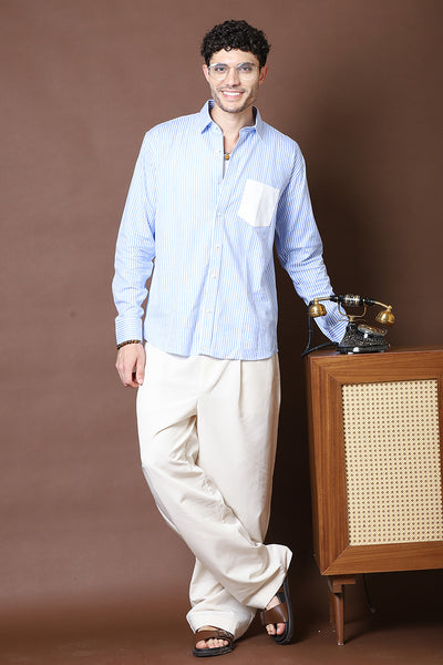 Men’s Blue & White Vertical Striped Shirt with Contrast Pocket