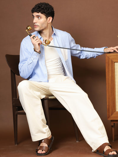 Men’s Blue & White Vertical Striped Shirt with Contrast Pocket