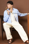 Men’s Blue & White Vertical Striped Shirt with Contrast Pocket