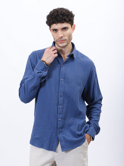 Blue Lightweight Gauze Button-Up