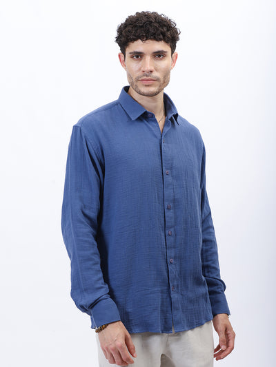 Blue Lightweight Gauze Button-Up