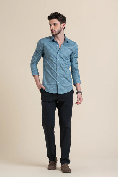Slim Fit Teal Blue Textured Formal Shirt
