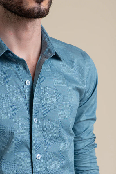 Slim Fit Teal Blue Textured Formal Shirt