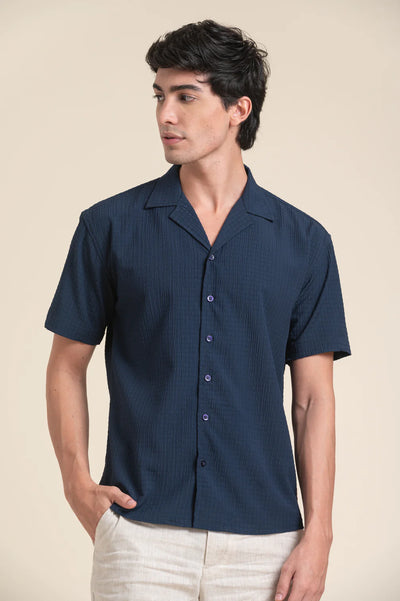 NAVY CUBAN COLLAR HALF SLEEVE SHIRT