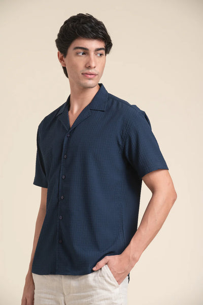 NAVY CUBAN COLLAR HALF SLEEVE SHIRT