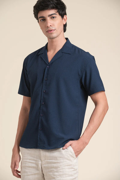 NAVY CUBAN COLLAR HALF SLEEVE SHIRT