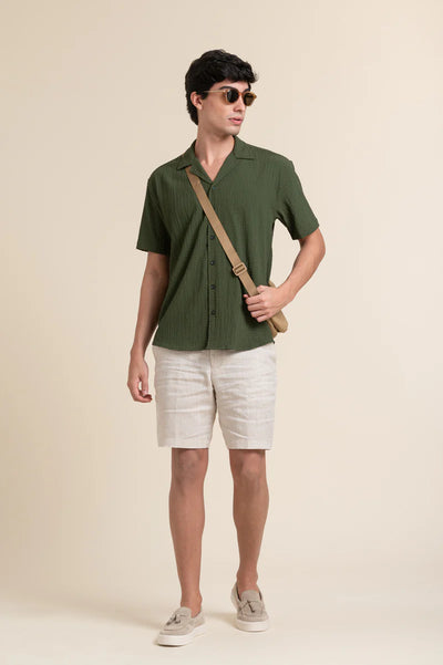 GREEN CUBAN COLLAR HALF SLEEVE SHIRT
